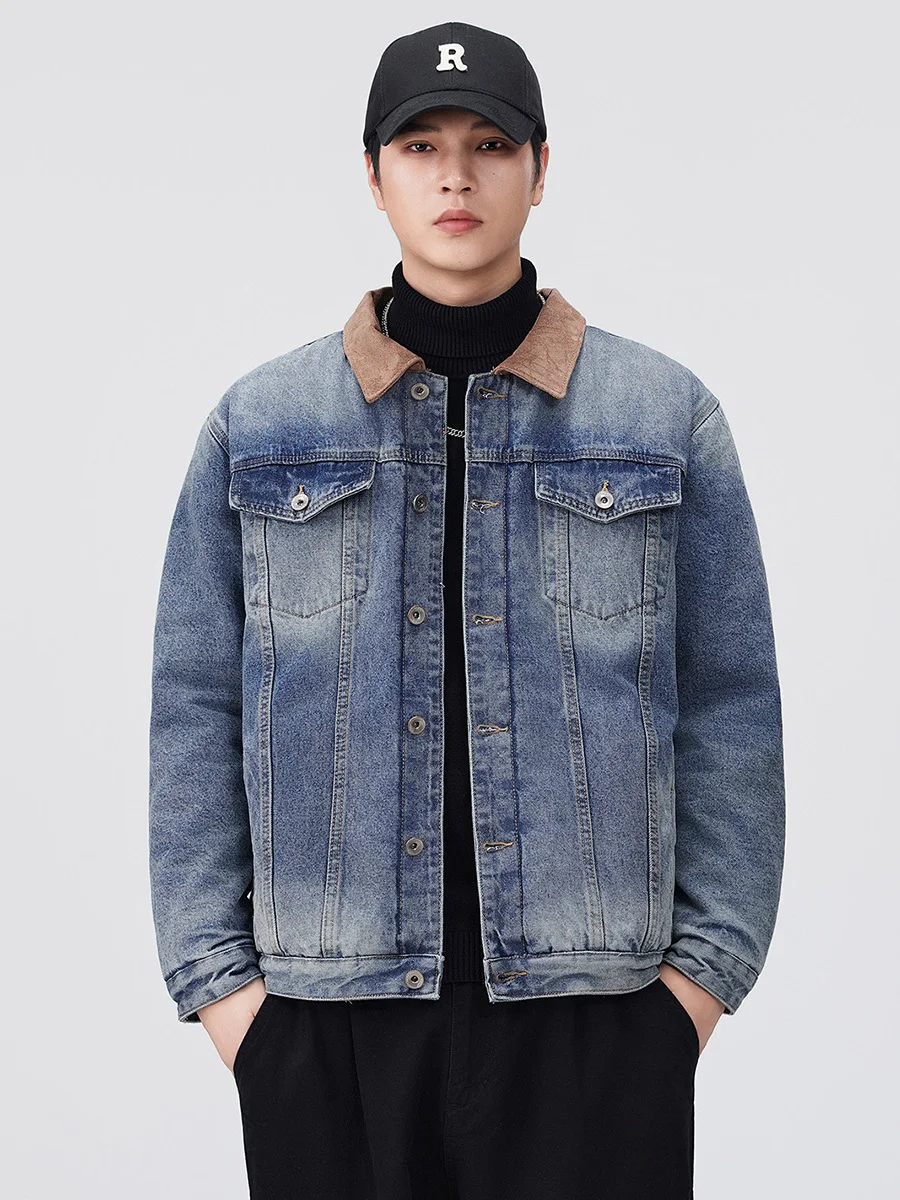 

Retro American Fce Lined Thi Denim Jaet Men's Loose Fit Collar Turned Autumn Winter Sli Cotton Jaet M Model