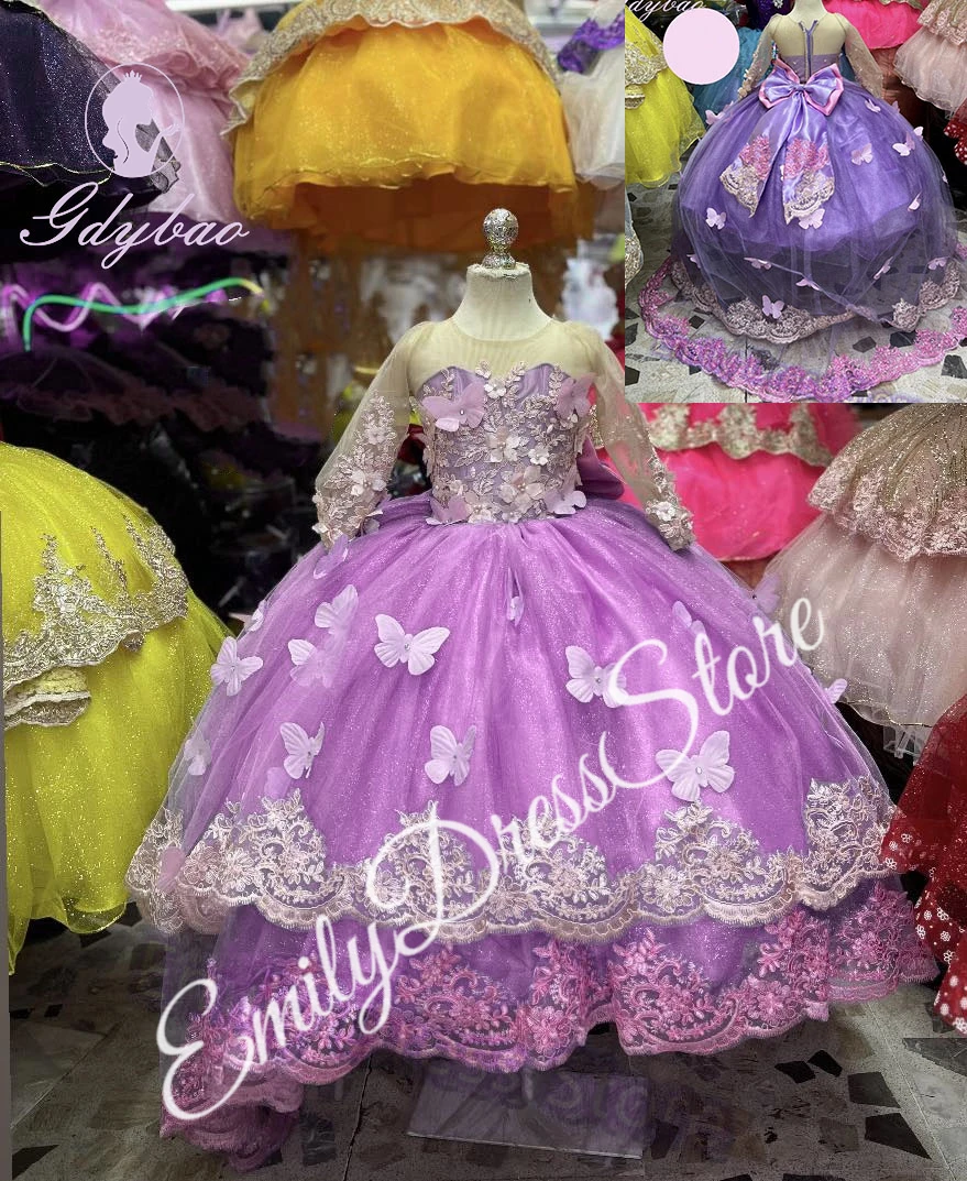 สีชมพูสีม่วงลูกไม้ดอกไม้สาวชุดสําหรับงานแต่งงาน Applqique Tulle PUFFY กับโบว์เจ้าหญิงเด็กวันเกิด First Communion Ball Gown