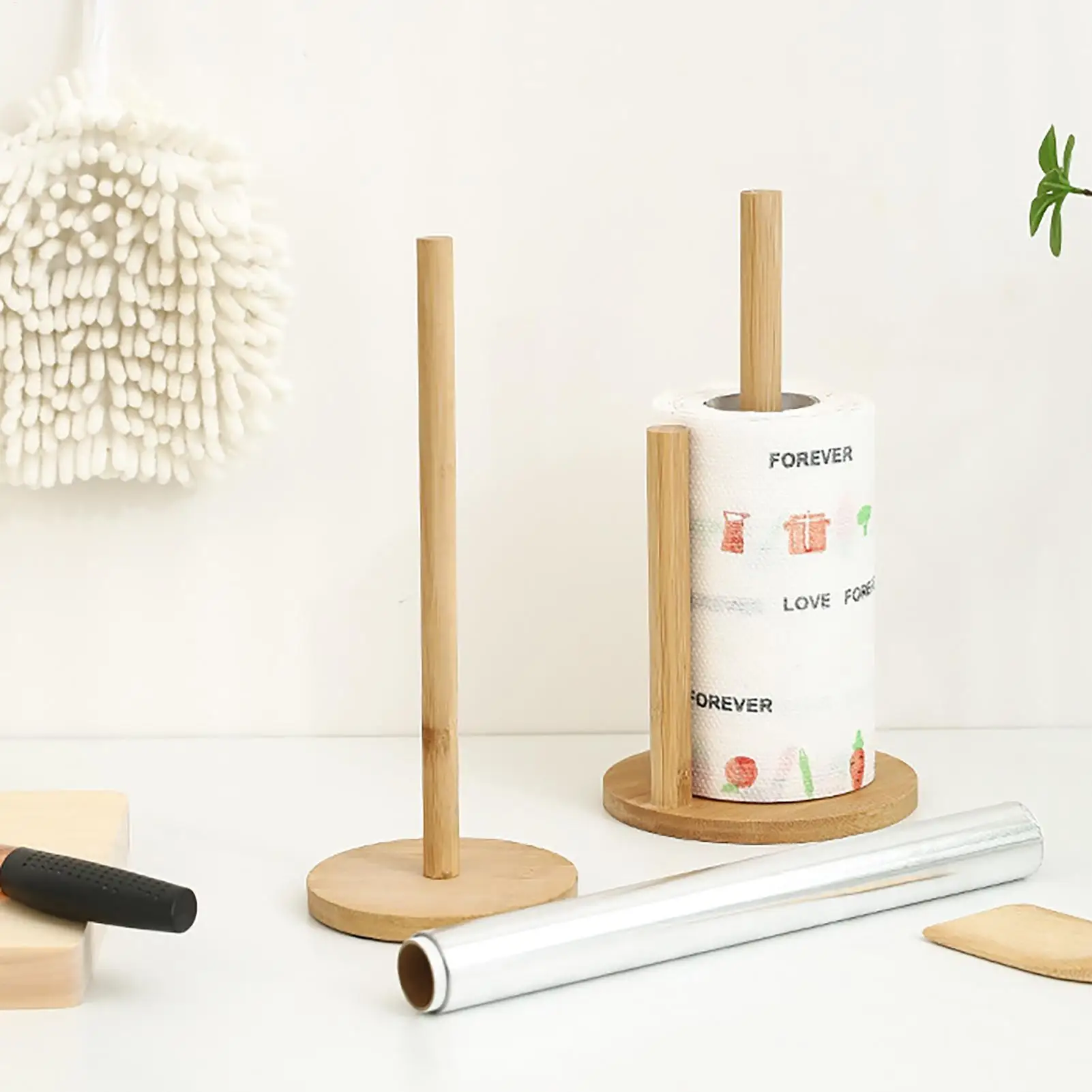 Bamboo Paper Towel Rolling Holder Wooden Roll Paper Storage Stand Lazy Cleaning Cloth Holders For Kitchen Dining Room