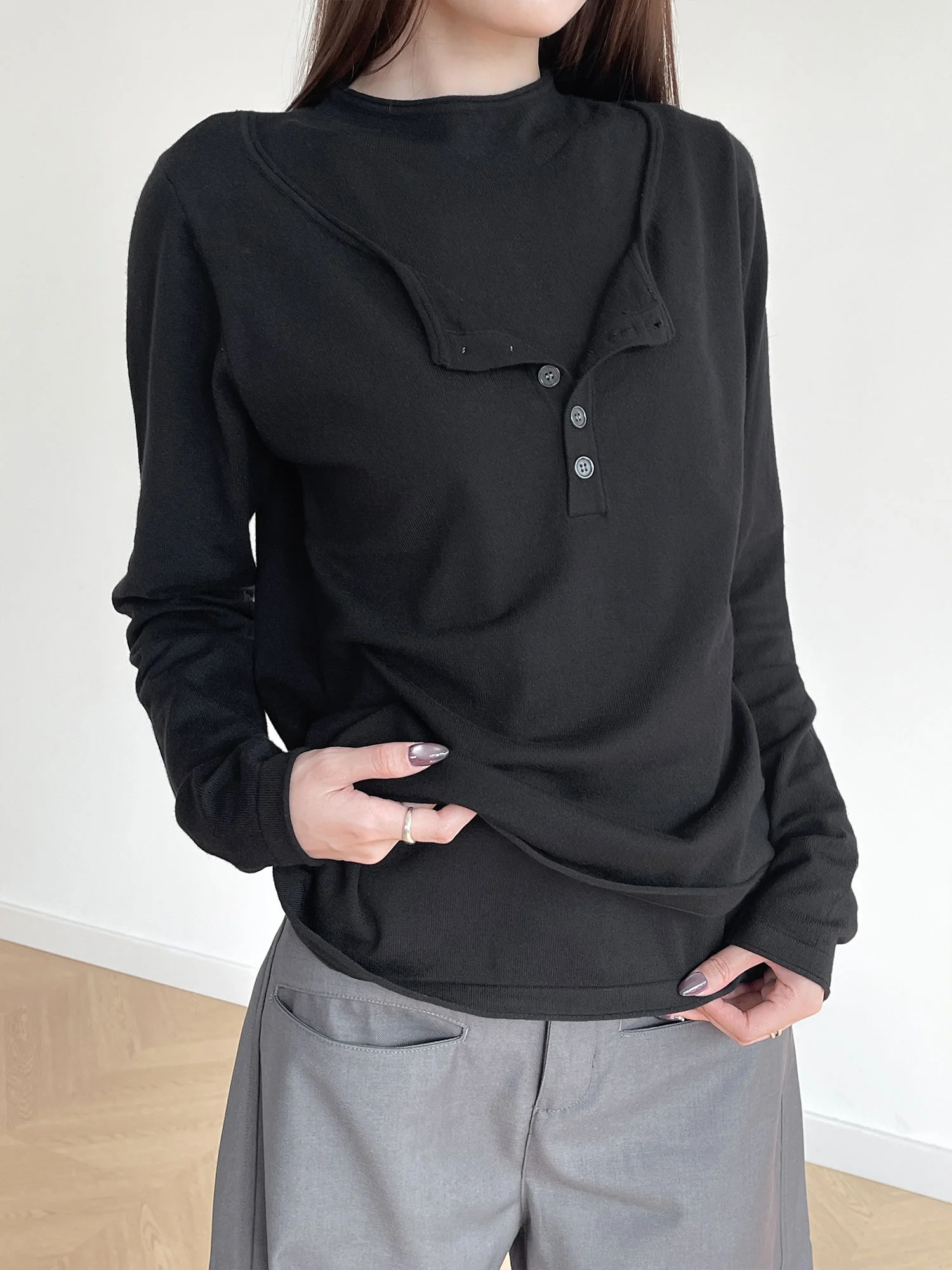 

Женский вязаный свитер Inbeowroom с открытым воротником, двухслойный базовый топ, теплый, с маленьким воротником, осенне-зимняя мода