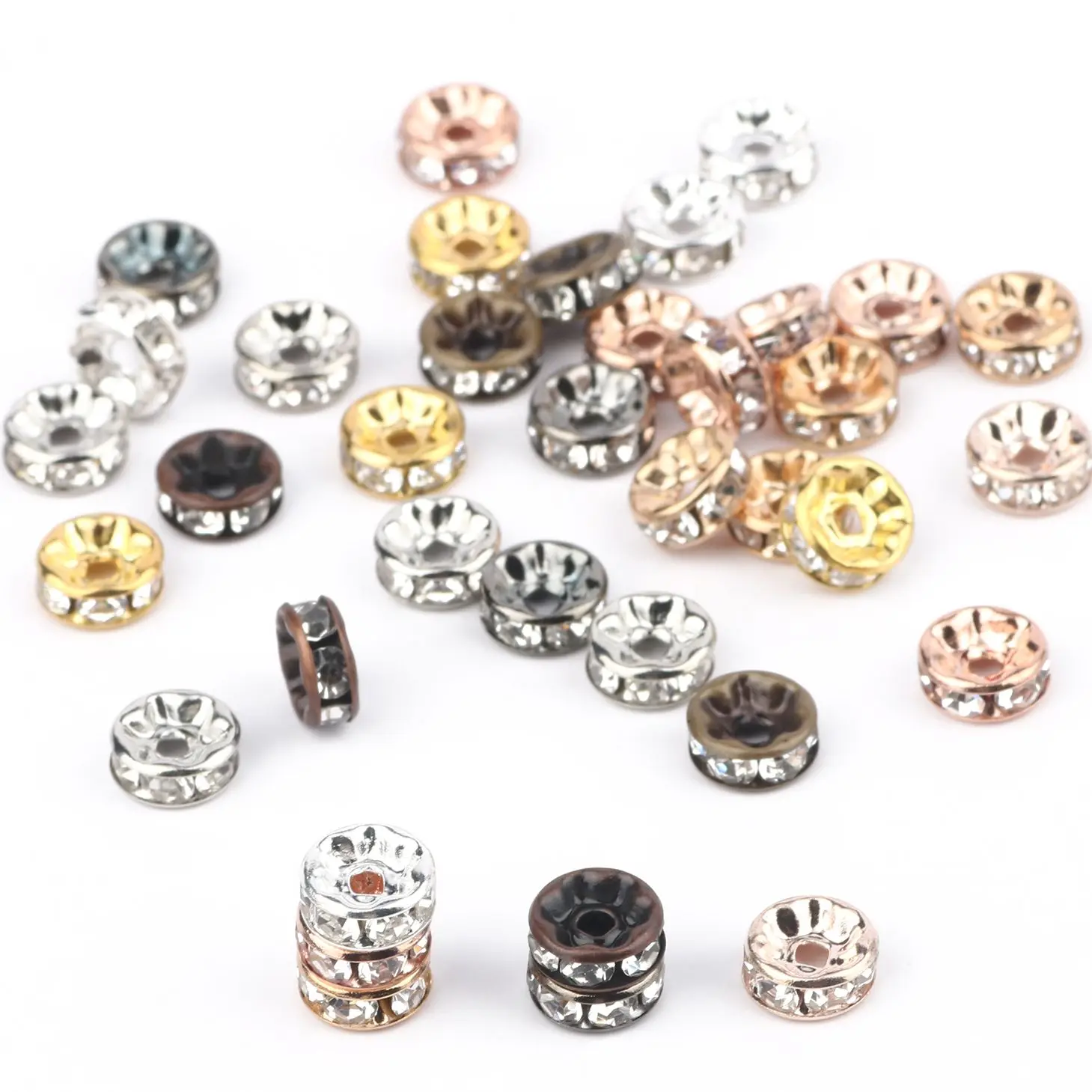 50pcs 4/6/8/10mm Gold Color Silver Color Rhinestone Rondelle Crystal Bead Round Loose Spacer Beads Jewelry Make DIY Accessory