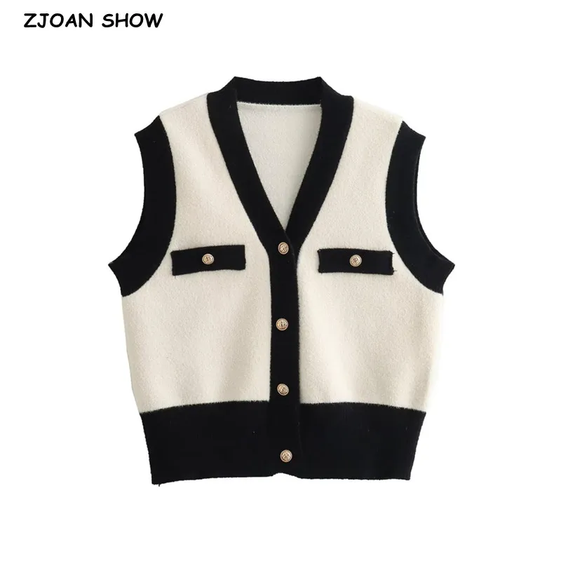 2024 Autumn Women Retro Shaggy Contrast color Knitting Waistcoat Sleeveless Cardigan Korea Single-breasted Button Vest Sweater