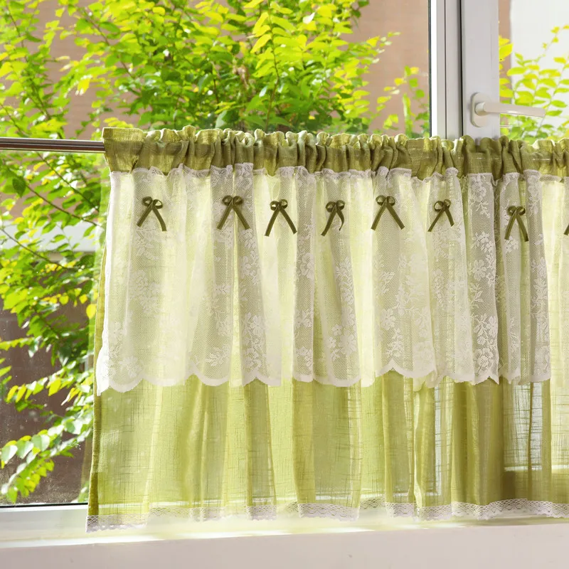 Short Tulle Curtains with Bowknots, Half Drapes, Small Drapes, Pastoral Green, Kitchen, Bathroom, Closet, 2 Layers