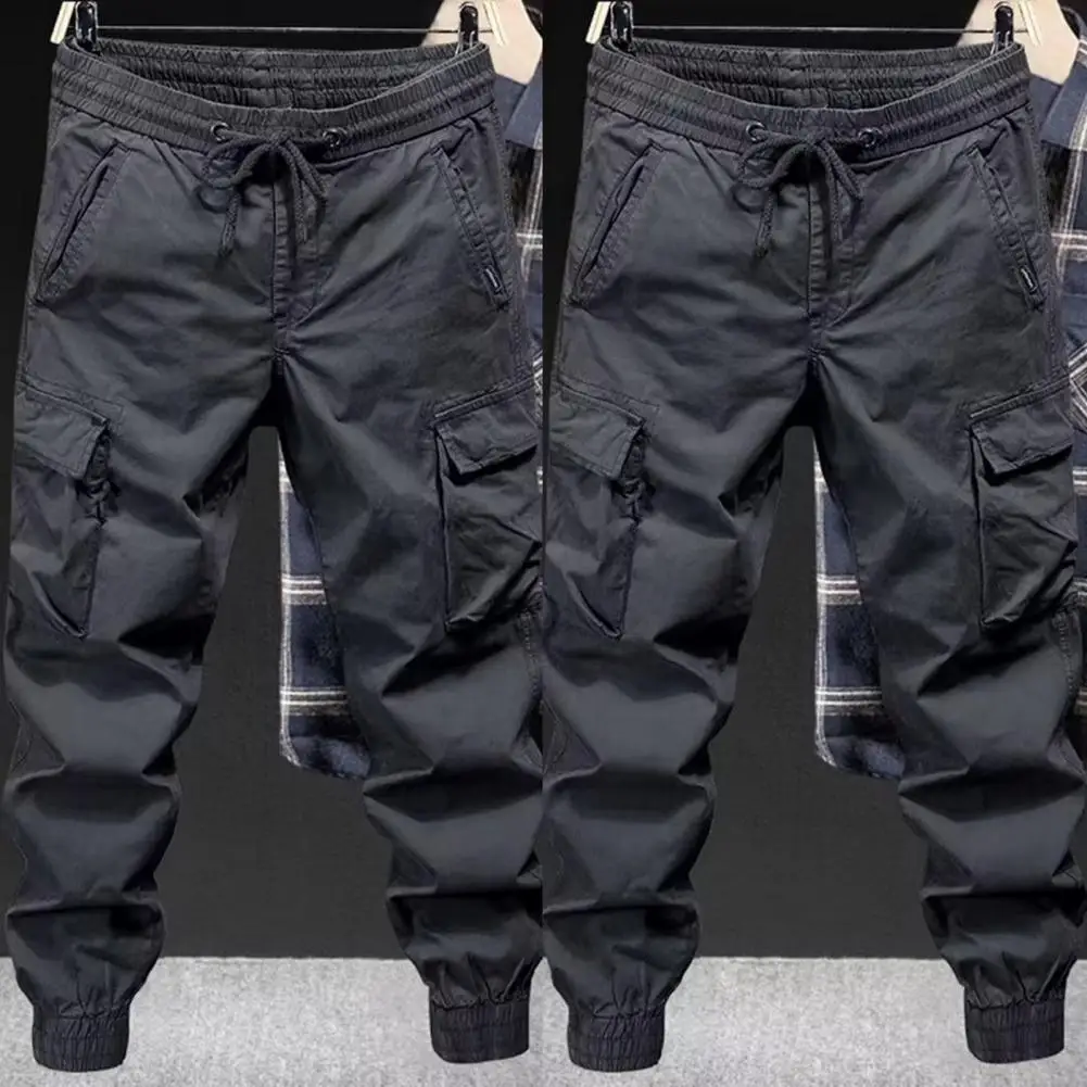 Men Cargo Pants Drawstring Multi Pockets Street Trousers Elastic Waistband Loose Hip Hop Long Trousers Casual Pants Streetwear
