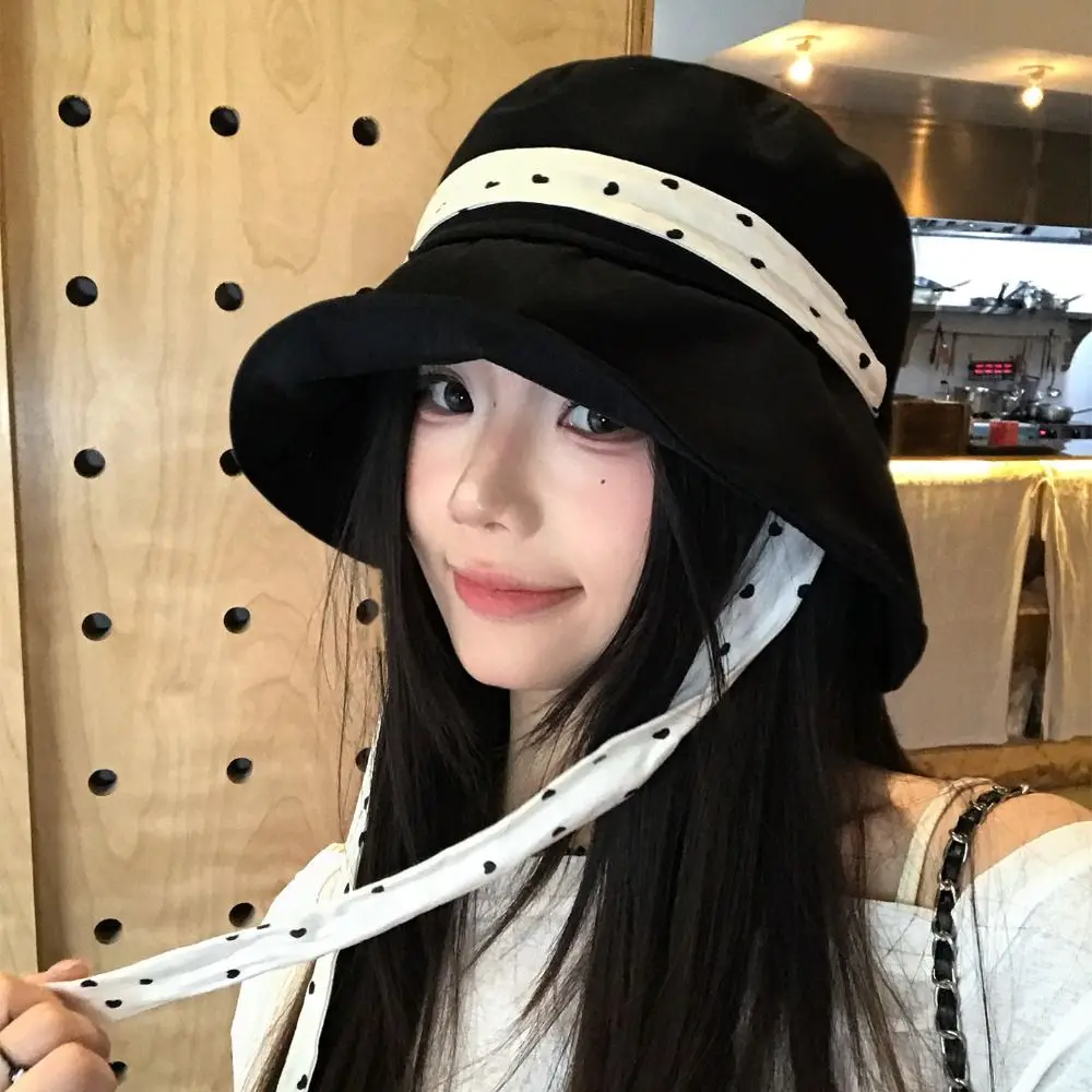 Casual Polka Dot Ribbon Women Fisherman Hat Solid Color Wide Brim Summer Sun Hat Breathable Cotton Bucket Hat Beach 3
