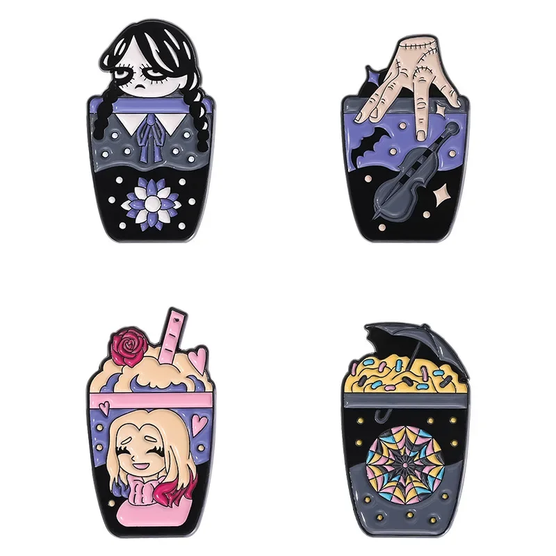Pins for Backpacks Cartoon Rose Milk Tea Cup Alloy Brooch Halloween Girl Baking Paint Badge Clothing Accessory Buckle