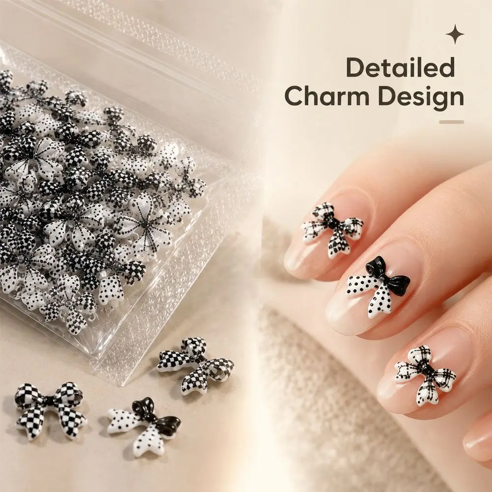 50Pcs 3D Resin Bow Nail Decor Charms Black‑White Polka Dot Check Pattern Ornaments For Custom Nail Art Manicure Projects