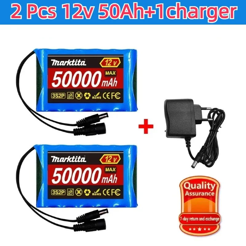 18650 3S2P 12V 50000mah Original Lithium Ion Battery DC 12.6V 50Ah Rechargeable CCTV, Camera Monitor Replacement Battery + Charg