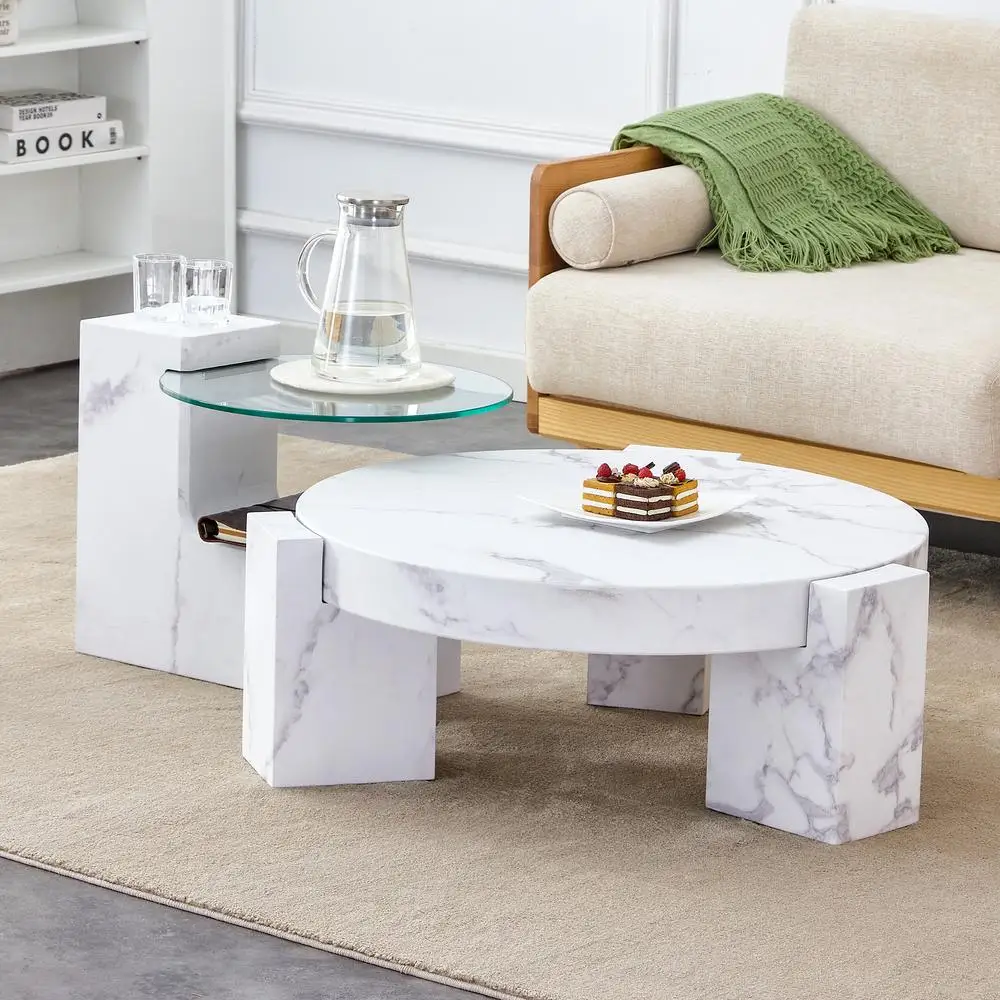 

Marble Coffee Table with Side Table Modern MDF Durable Scratch Resistant Living Room Bedroom Furniture