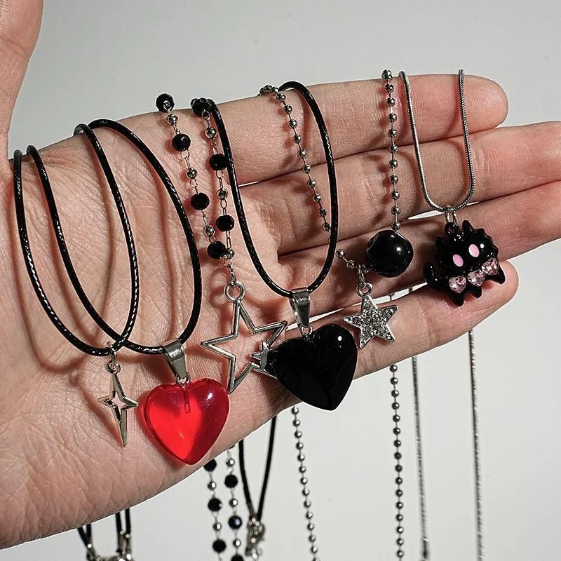 6-piece Y2K Stackable Necklace Set Black Cat Red Black Heart Multi Style Star Pendant Black Rope Bead Women's Jewelry