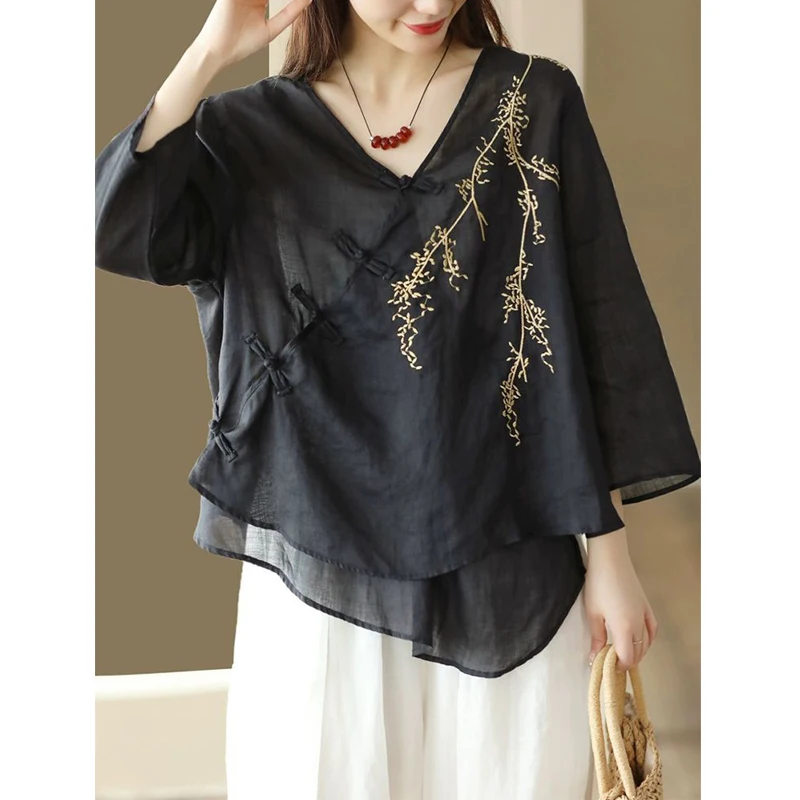 2024 Summer Women Vintage Chinese Ethnic Style Embroidery Shirts V Neck Half Sleeve Asymmetrical Blouses Casual Solid Loose Tops