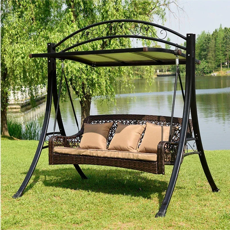 Outdoor Leisure Three-person Metal Swing Chair Garden Patio Rattan Seats Rocking Chair