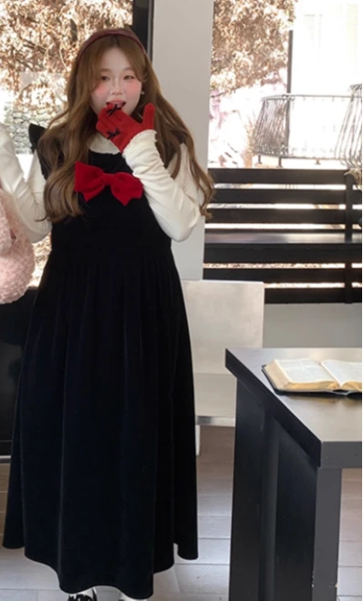 Autumn Women Black French Large Size Sleeveless Dresses Fashion High Waist A-line Versatile Age-reducing Bow Crew Neck Dress