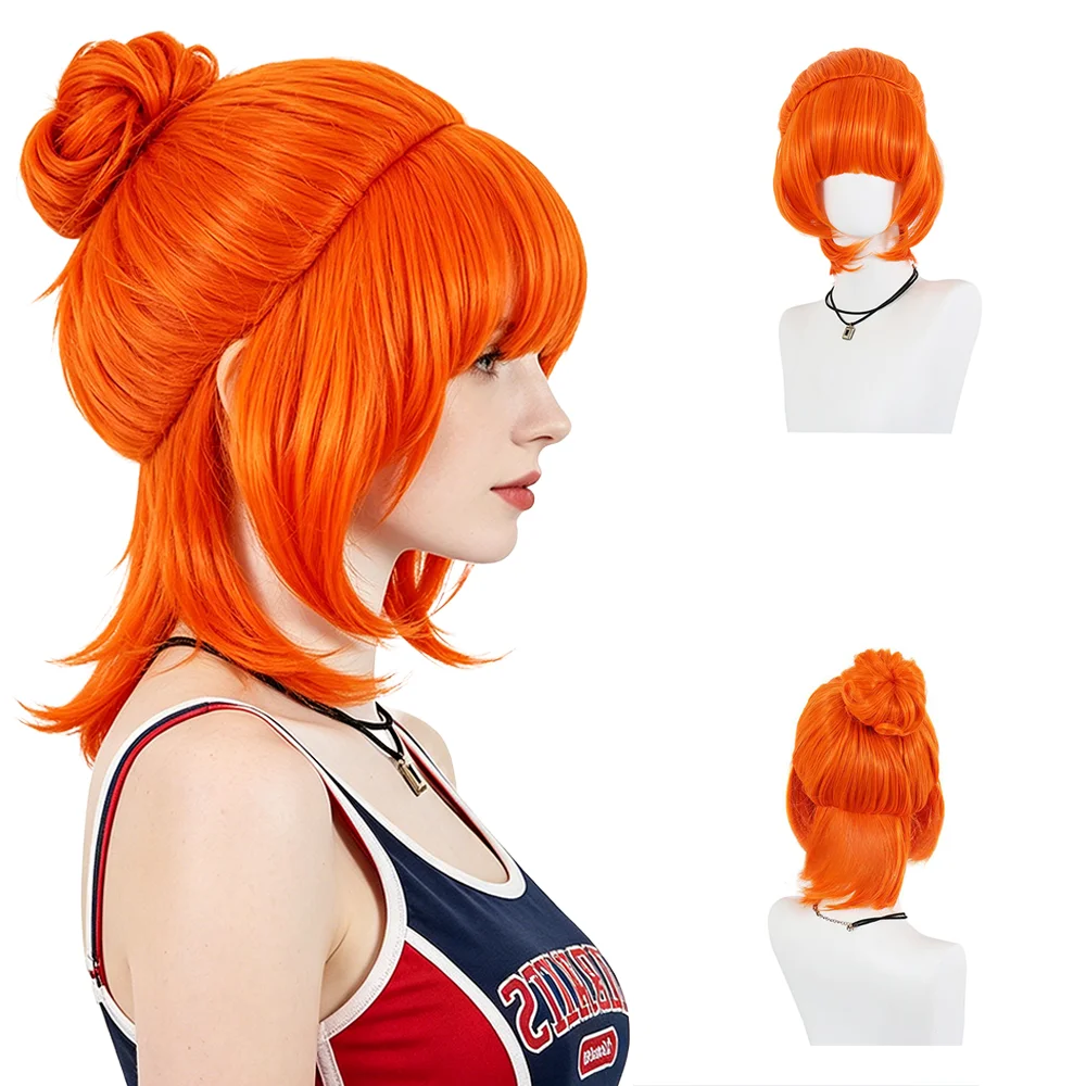 Bright Orange Short Bun Wig with Bangs Lucy Wilde Cosplay Heat Resistant Wig For Women Halloween Costume Party Daily Wear