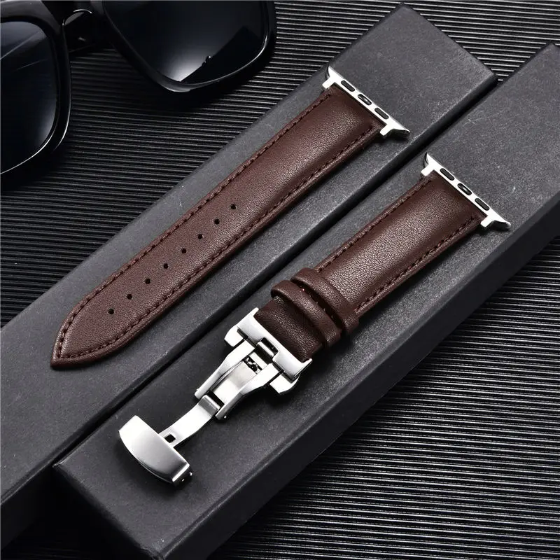 

Genuine Leather Watch Straps For Apple Watch 6 SE 5 4 3 Replace Butterfly Buckle Watchband 38mm 40mm 42mm 44mm For Iwatch