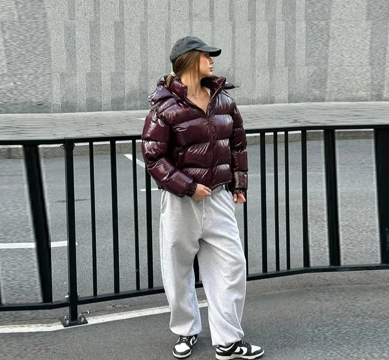 Capispalla caldo casual da donna invernale NewChic giacca trapuntata con cappuccio lucida da donna colletto alla coreana manica lunga cerniera cappotto imbottito solido