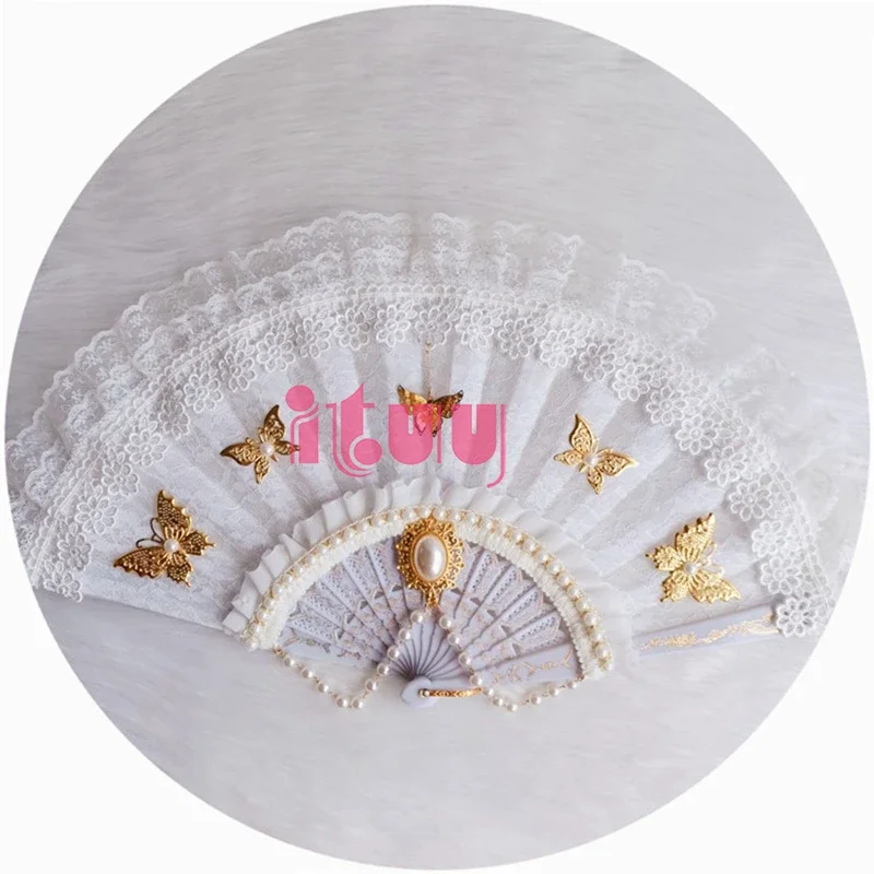 Butterfly Pearl Gorgeous Multilayer Lace Hand Fans Lolita Harajuku Gothic Japanese Style Handheld Dance Fan Props For Comic-Con