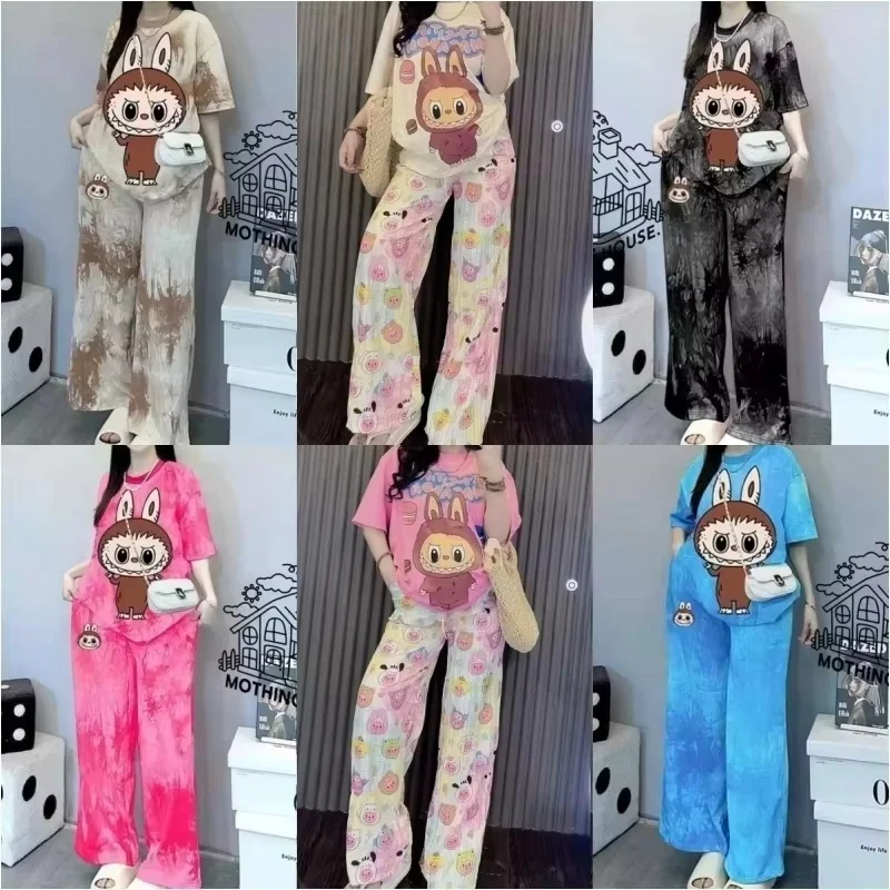 

Labubu Anime Print T-Shirt And Pant Cartoon Short Sleeved Shirt Casual Fashion 2pc A Set Cute Woman Outdoor Clothing Girls Gifts