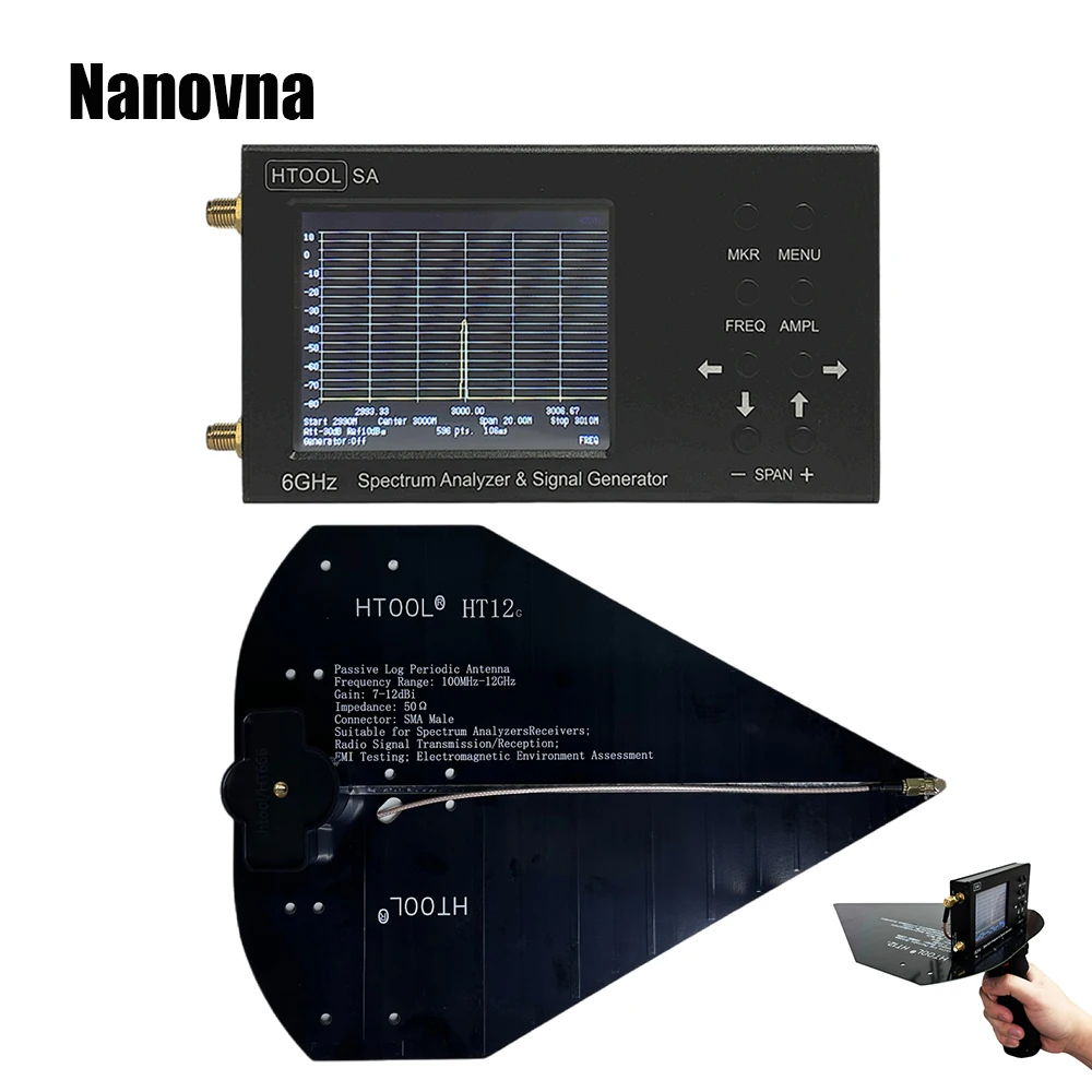 Nanovna Upgraded SA6 Spectrum Analyzer 35-6200 MHz Signal Generator System HT12 Handheld Passive Log Periodic Antenna 0.1-12GHz