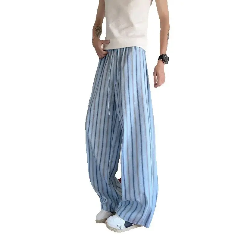 American Blue Vertical Striped Casual Pants Men'S Loose Ins Teenager Wide-Leg Pants