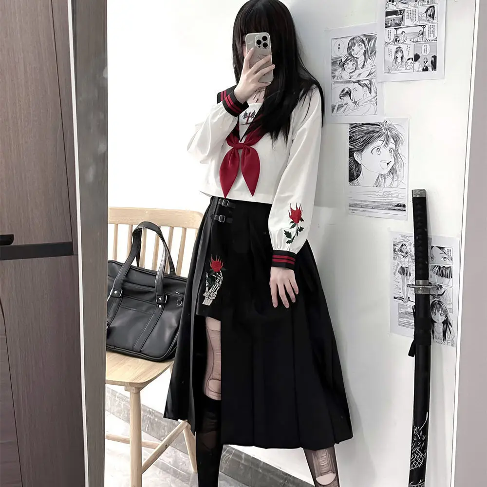 Red Magic Rose JK Dress Bad Girl\'s Poetry Skirt School Skirt Dark Dress JK Uniform Embroidery Sailor Uniforms JK Cosplay Costume