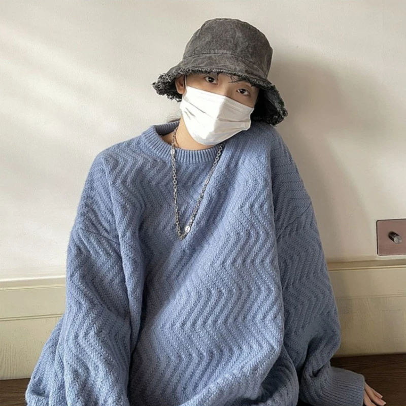 

Ленивый стиль, мужской вязаный свитер с круглым вырезом, синие свободные джемперы, корейский трикотаж, популярная одежда, повседневные дешевые кашемировые пуловеры, мужские