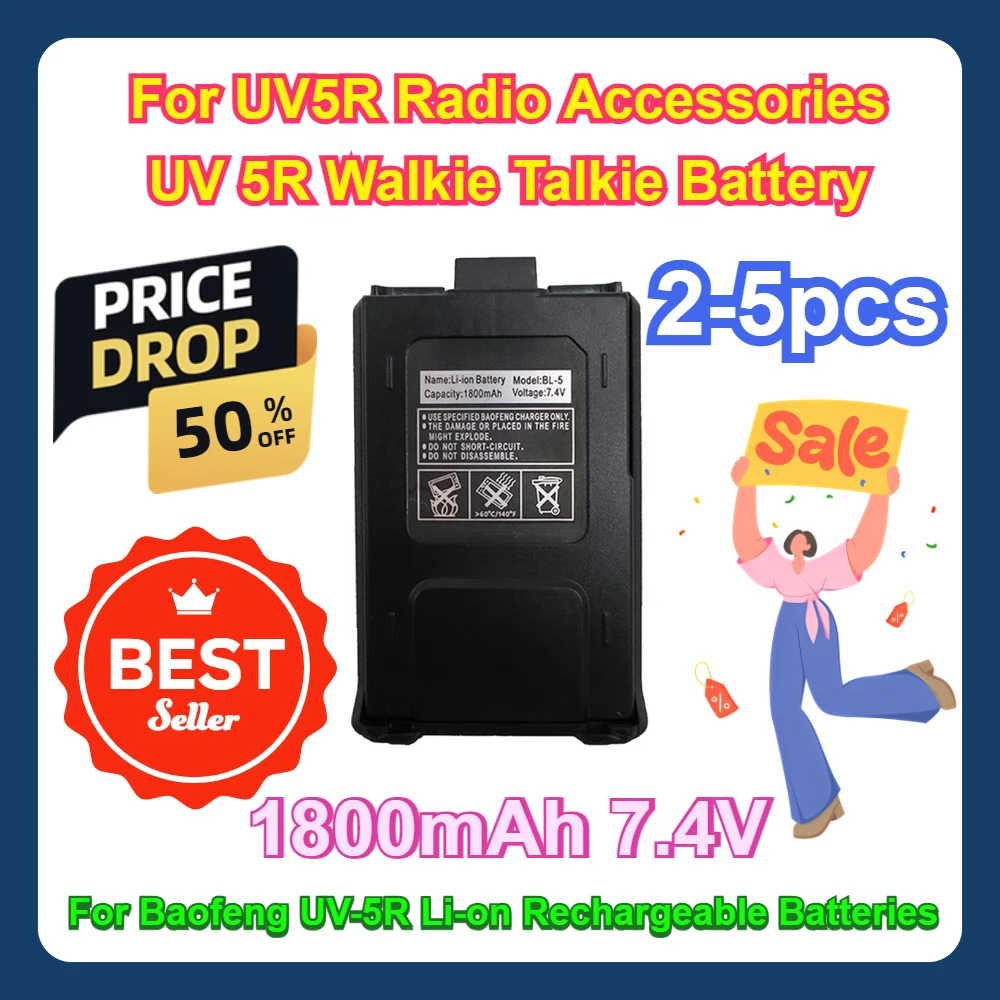 

2-5Pcs For UV5R Radio Accessories UV 5R Walkie Talkie Battery For Baofeng UV-5R 1800mAh 7.4V Li-on Rechargeable Batteries