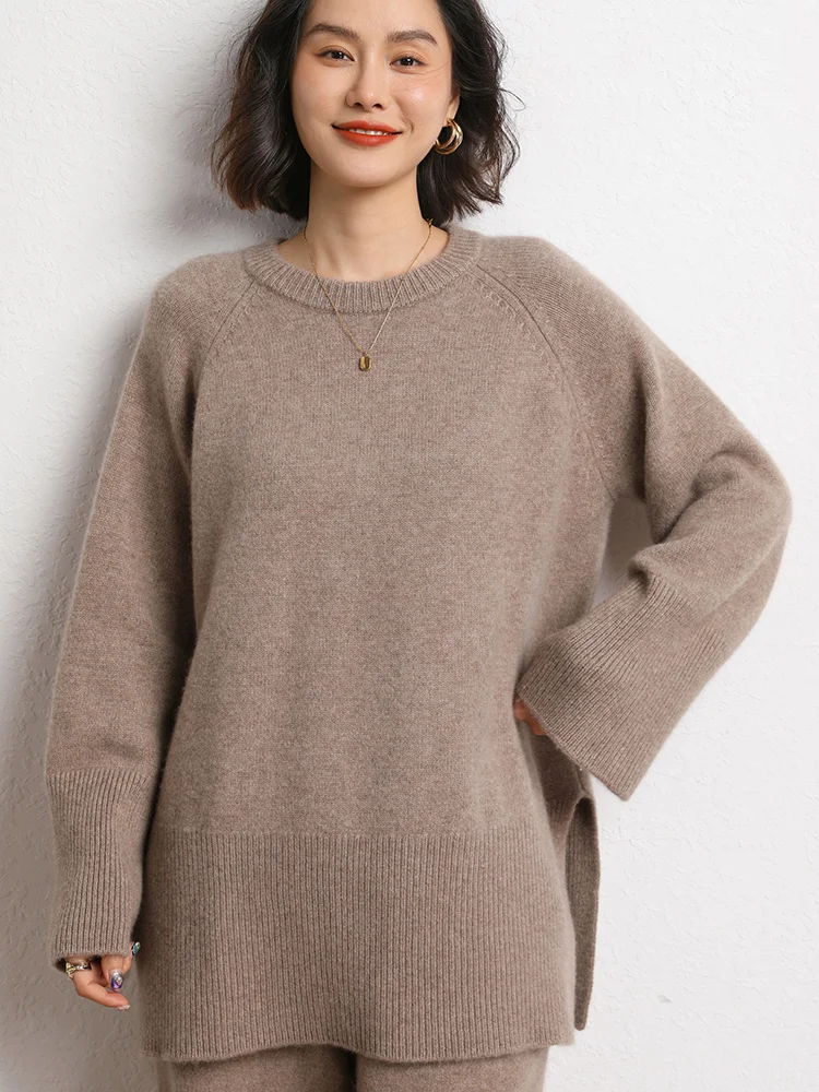 가을 겨울 캐주얼 루즈한 두꺼운 스웨터 그레이스 레트로 100% 캐시미어 니트 풀오버 솔리드 컬러 기본 사이드 스플릿 오피스 레이디