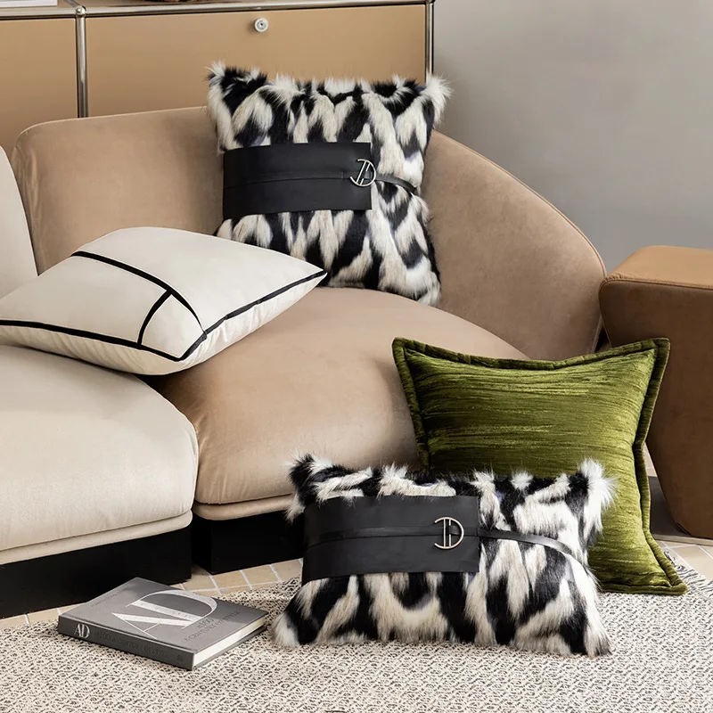 Luxury Black White Cushion Cover Plush & PU Leather Patchwork Pillow Case Jacquard Woven Sofa Bedroom Decor Elegant Home Accents