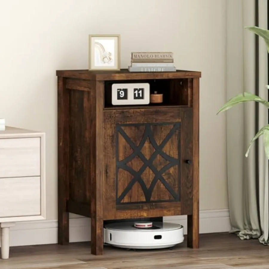 Robot Vacuum Storage Cabinet, Retro Sofa Side End Table with Hidden Robotic Vacuum Cleaner Storage and Open Compartment, Sweepi