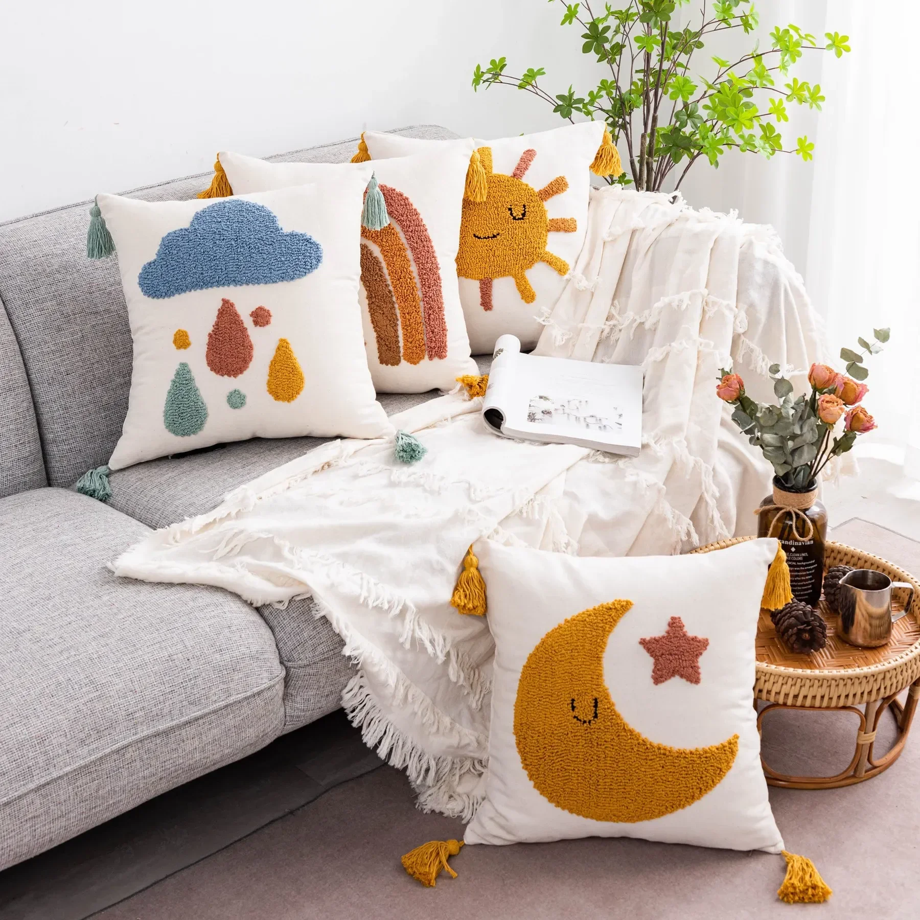 45X45CM Sun Moon Rainbow Tufted Cushion Cover with Tassels Boho Cotton Canvas Embroidered Pillow Case for Sofa Decor Home