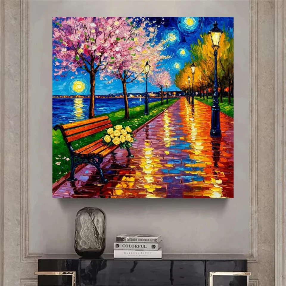 Scenic Park Bench Under Starry Night Sky Oil Painting By Numbers on Canvas Wall Decoration for Living Room Handmade Hobby Gift