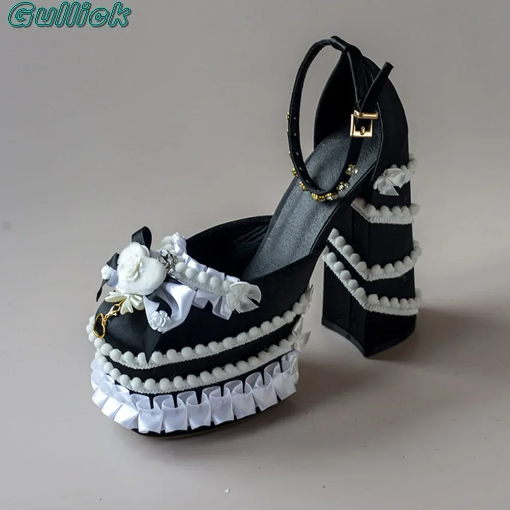 

Gullick Solid Pumps Round Toe Sweet High Heels Thick Heel Buckle Strap Square Heel Mixed Color Cover Heel Butterfly Women Shoes