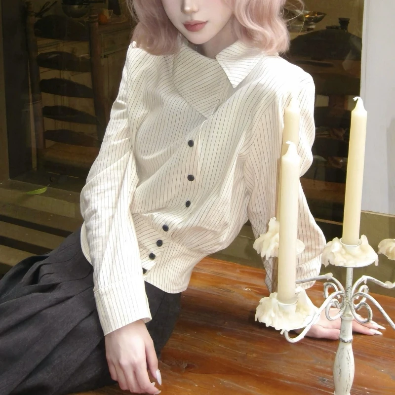 2026 Summer New Striped Lapel Irregular Waist Design Niche Long Sleeved Top for Women
