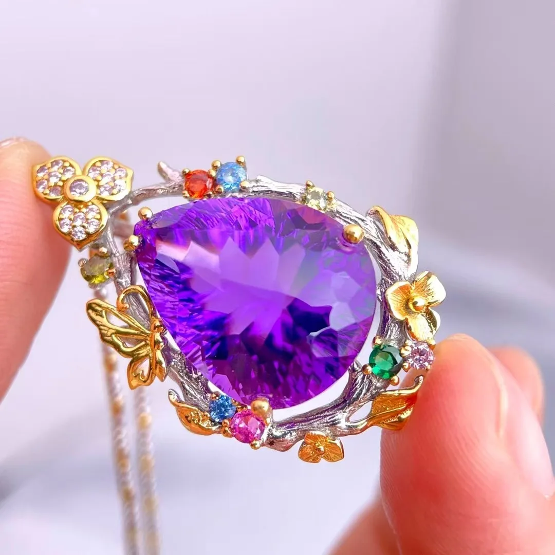 

Natural Amethyst Pendant 15x19mm S925 Silver Two-Tone Handmade Butterfly & Flower Design with Gemstone Accents