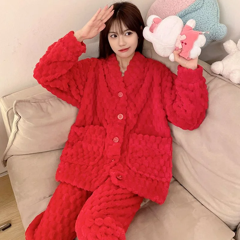 

Big Red Pajama Lady Autumn-Winter Coral Velvet Thickened Sweet Little Fragrance Flannel Plus-size Homewear Set Comfortable