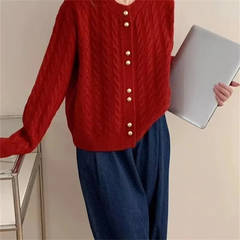 2026年韓国春婦人服ヴィンテージ長袖カーディガン女性セーターOネックエレガントニットトップファッション秋ニットウェア