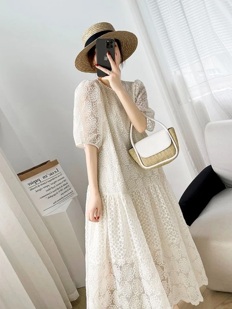 Elegant Round Neck Lantern Sleeved Long Dress Women Causal Loose Lace Hollow Out Dresses New Summer Female Street Robe