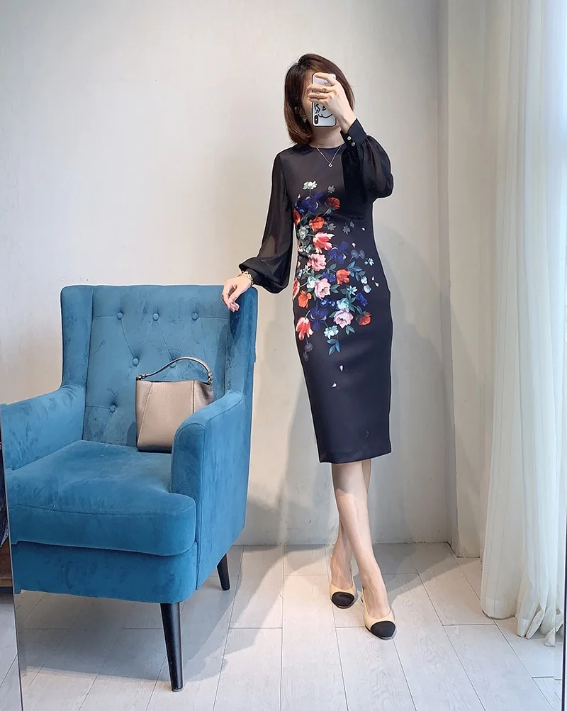 

Ele Printed Wrap Dr Long Sve round Ne Slimming Women's Dr for Autumn And Winter Faionable And Sli