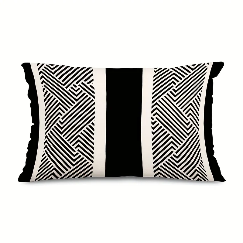 1pc Black White Geometric Herringbone Ruffle Edge Printed Lumbar Pillow Cover, Suitable for Sofa, Bedroom, Living Room, Study