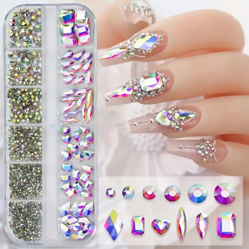 12 Grid Mixed Size Shiny Nail Rhinestone Decorations Multiple Colors Boxed Nail Accessories DIY Handmade Crafts Party Gifts
