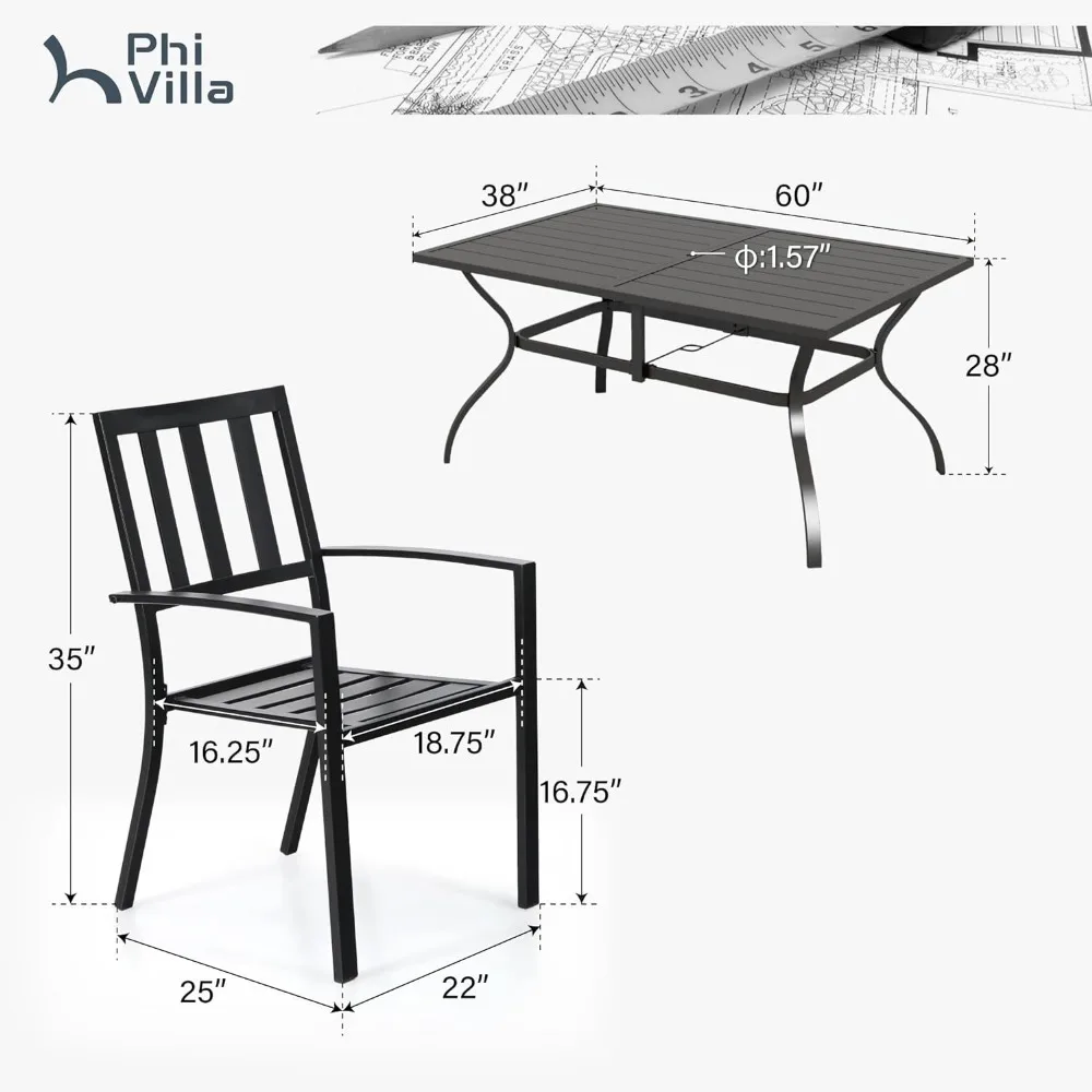 7 Piece Metal Outdoor Patio Dining Bistro Sets with Umbrella Hole, Rectangle Patio Table and 6 Backyard Garden Outdoor Chairs