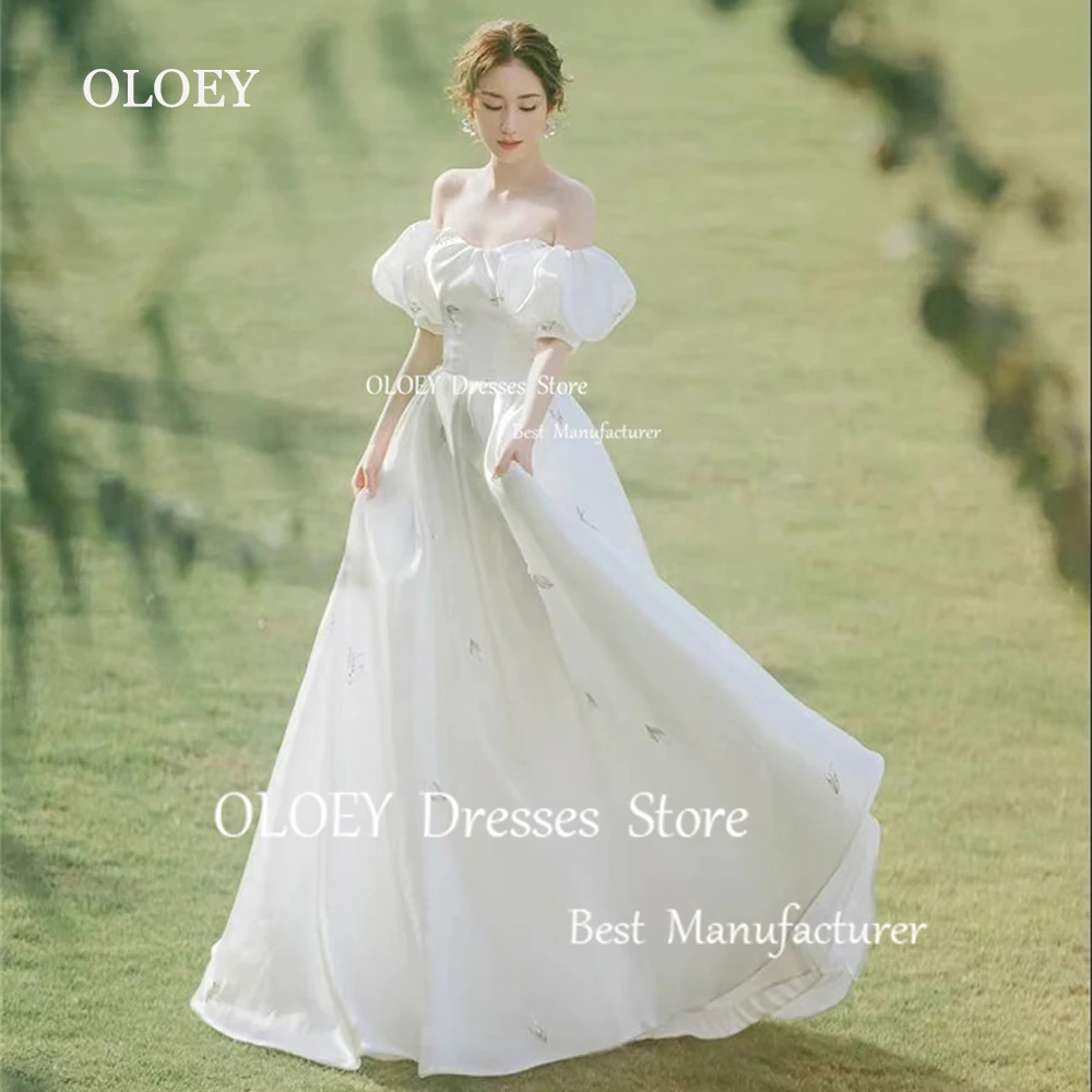 OLOEY Ivory Satin Floral Wedding Dress Korea Photoshoot With Detachable Sleeves A Line Sweetheart Bridal Gown Floor Length Custo