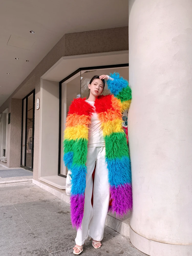 Original Design Female Rainbow Color Faux Fur Coat Lady Colourful Shaggy Outerwear Women's Long Jacket Factory Direct Sales