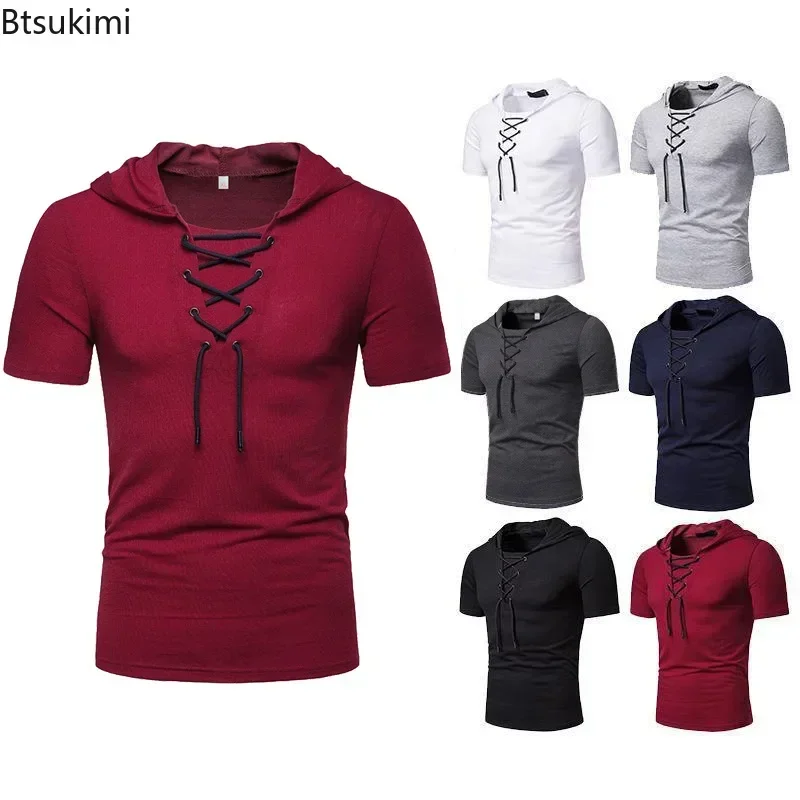 

2025 Hooded Short Sleeve T Shirt Men Sportswear Shirts Streetwear Lace-up Breathable Casual Summer Top for Male Homme Top Tees