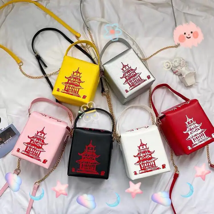 

Fashion Creative Square Box Handbag Women Tower Letter Print Shoulder Bag Ladies Unique PU Leather Large Capacity Crossbody Bags