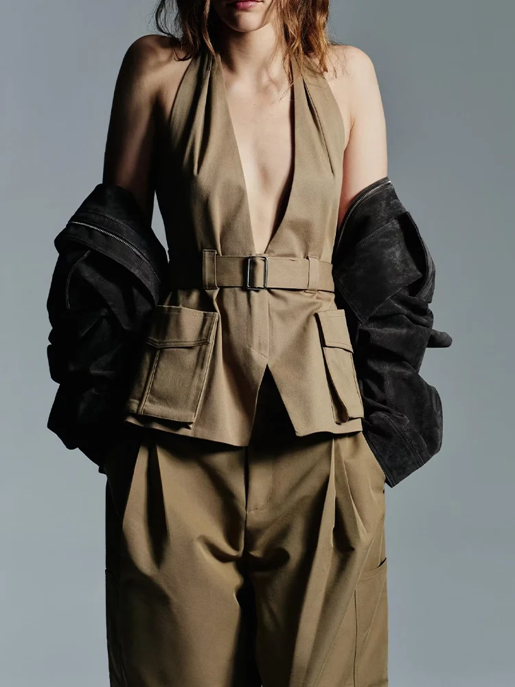 

Европейский и американский стиль, осенний новый модный тренд, женский сексуальный топ без рукавов с открытой спиной, тонкий топ с нагрудным карманом и бретелькой на шее