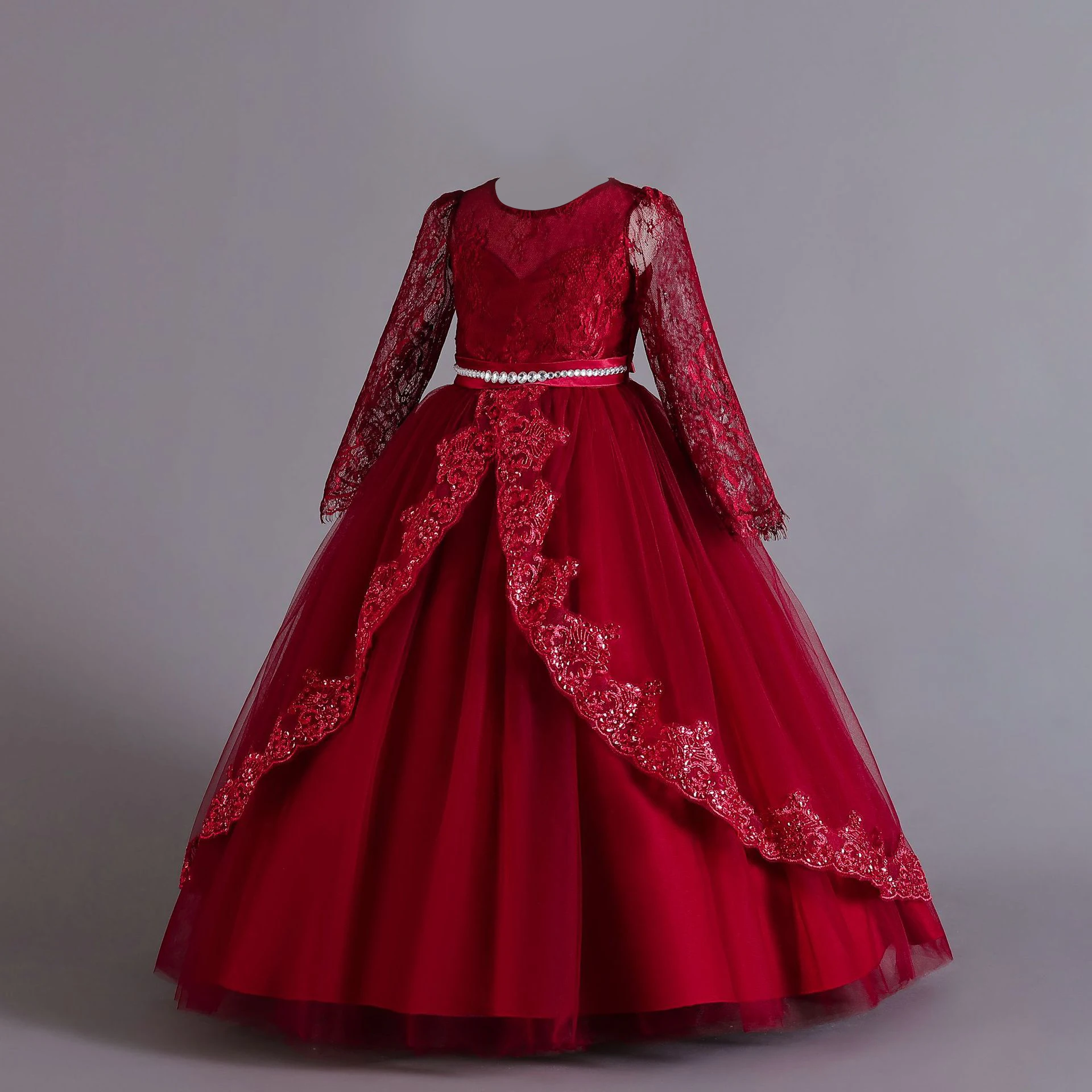 Vestido de princesa elegante de tul con lentejuelas y flores blancas para niña, vestido largo de primera comunión para boda, dama de honor, banquete, vestido de fiesta para niña