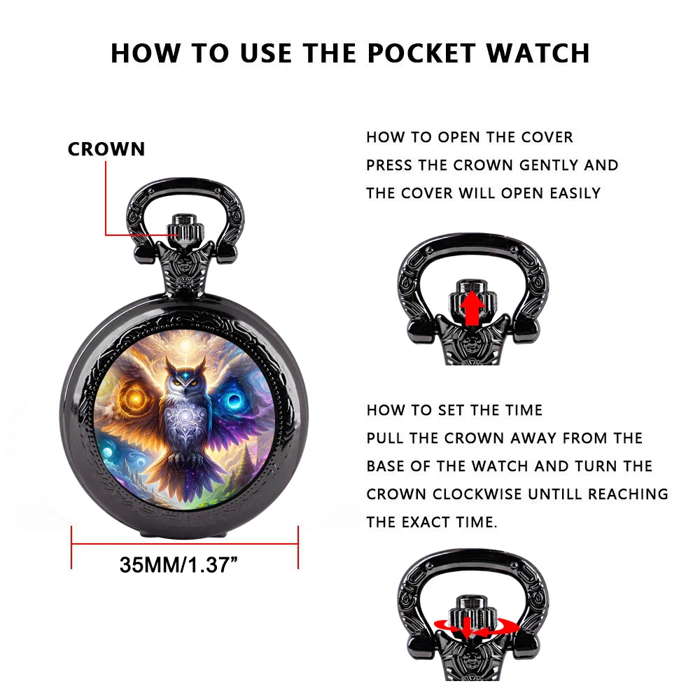 Creative Cool Owl Design Glass Dome Vintage Quartz Pocket Watch Men Women Pendant Necklace Chain Clock Watch Jewelry Gifts