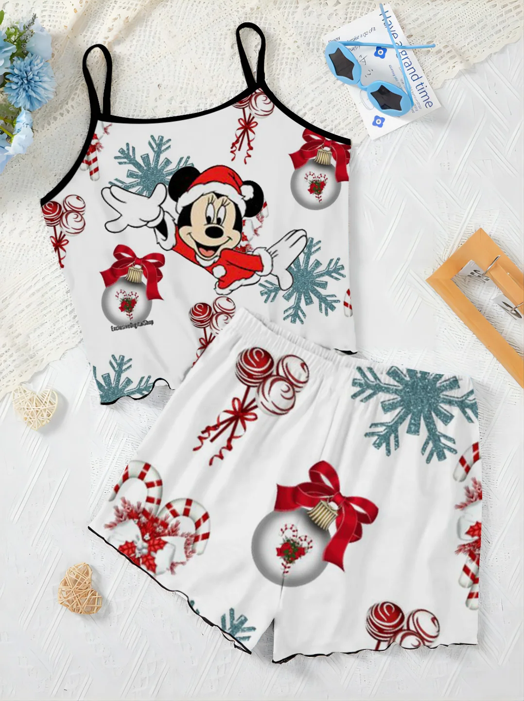 Elegant Women's Sets for Women 2 Pieces Disney Slip Dress Mickey Lettuce Trim Christmas Pajama Skirt Minnie Mouse T-shirt Short